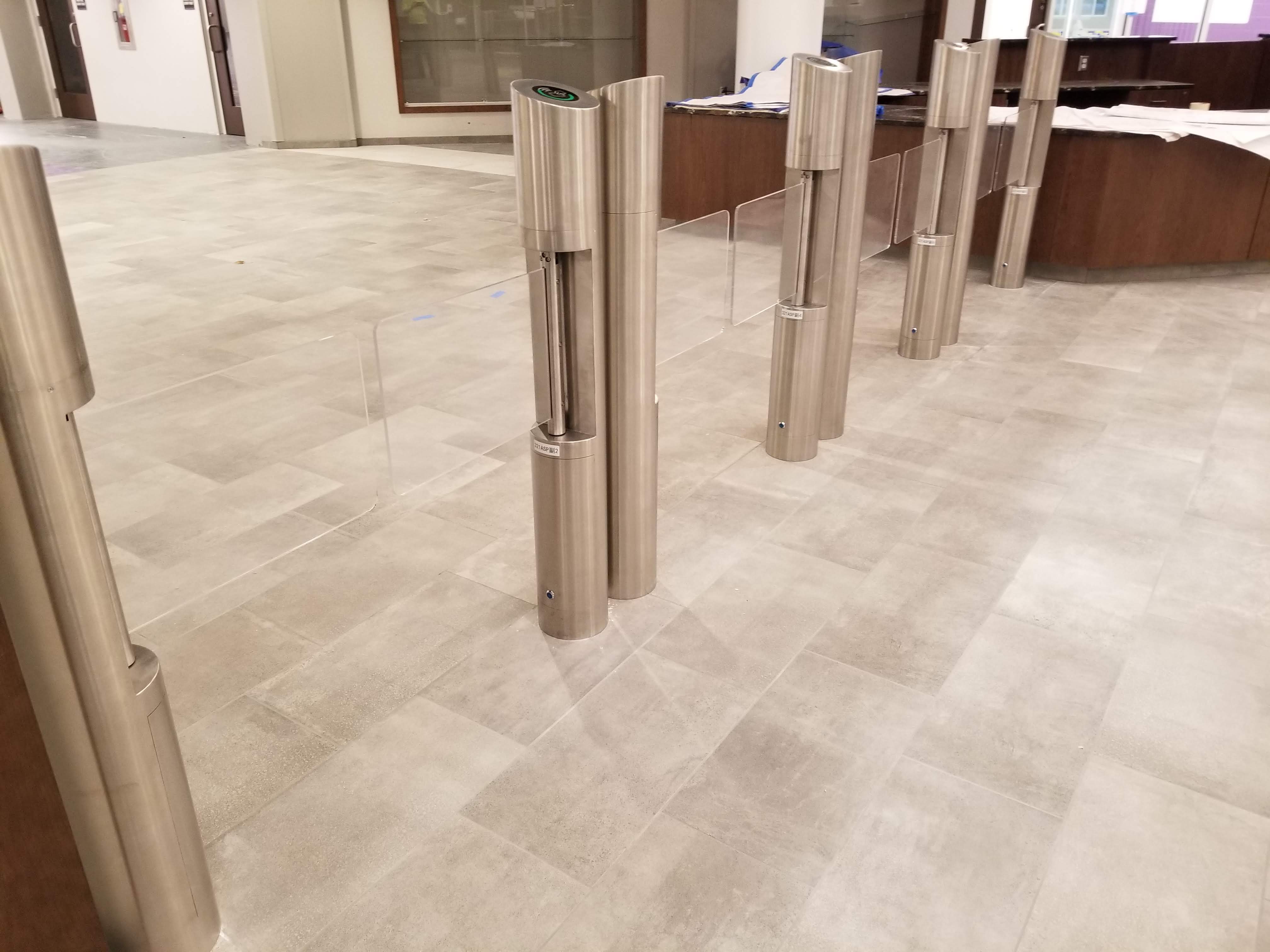 Photo of electric gates in the brand-new student recreation center.